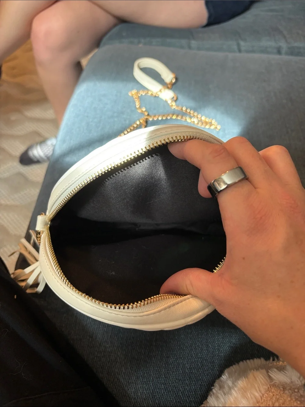 Round Quilted Crossbody Bag with Tassel - White